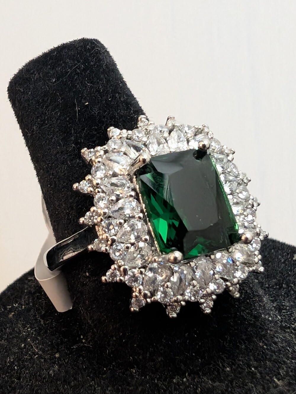 Emerald Green Halo Cocktail Ring in Silver Tone